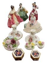 Four Royal Doulton figures, two Royal Crown Derby boxes, three posies and Hammersley candlesticks.