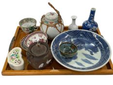 Tray lot of Chinese and Oriental ceramics including blue and white dish, jars, vases, etc.