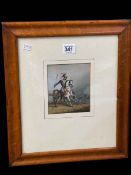 Watercolour of a French Napoleonic Horseman, 12.5cm by 10.5cm, in maple glazed frame.