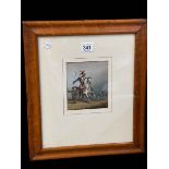 Watercolour of a French Napoleonic Horseman, 12.5cm by 10.5cm, in maple glazed frame.