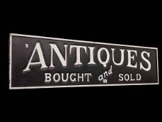 Rectangular 'Antiques Bought & Sold' hanging sign, 30cm by 120.5cm.