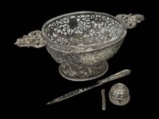 Victorian silver two handled dish with glass liner, Charles Thomas and George Fox, London 1859, 26.