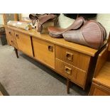 Mid Century BCM teak long john sideboard, 74cm by 198cm by 46cm.