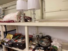 Collection of costume jewellery, tins, glass decanters, lighters, quilt, table lamps, etc.