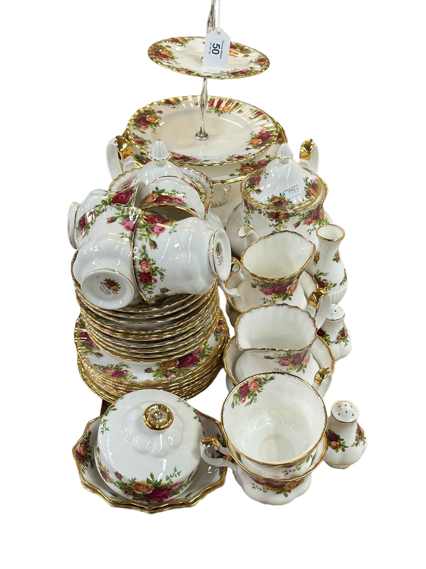 Royal Albert Old Country Roses tea set and cake stands, 40 pieces.