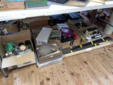 Large collection of model railway track, bridge structures, trees, model Q controller, etc.