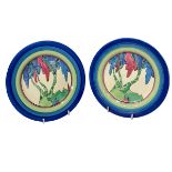 Pair Clarice Cliff Rudyard pattern tea plates, 17.5cm diameter.