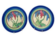 Pair Clarice Cliff Rudyard pattern tea plates, 17.5cm diameter.