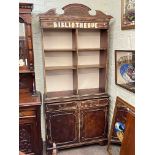 Shabby chic open topped cabinet bookcase, 214cm by 104.5cm by 37cm.