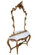 Gilt painted marble topped shaped serpentine front console table and mirror, 230cm by 129cm by 45cm.