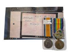 WWI pair of medals named to 20167 PTE A. Bentley East Lancashire Reg, with cap badge.