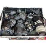 Aluminium flight case containing selection of cameras including Canon 1100D, EOS 350D, Nikon,