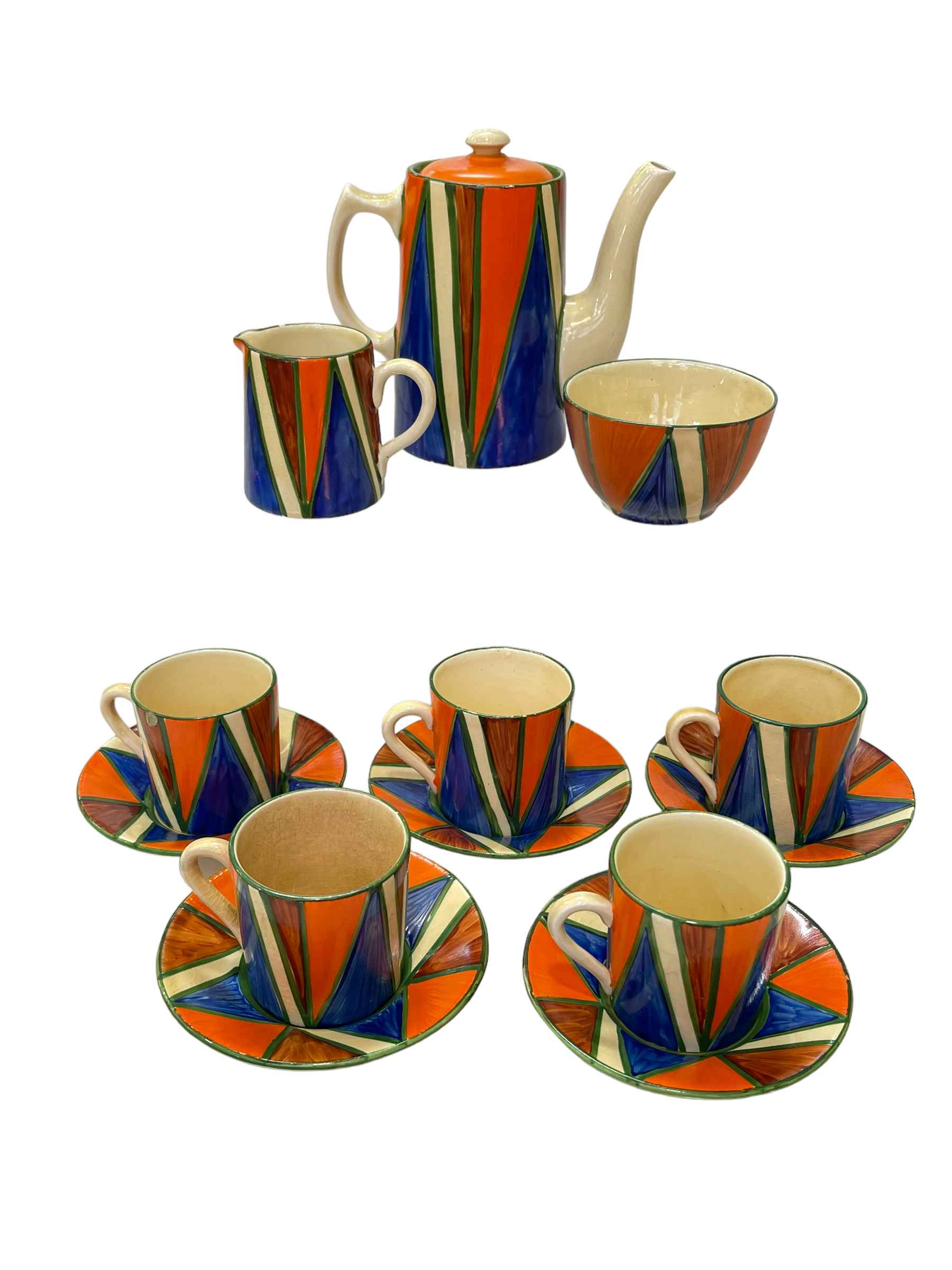 Clarice Cliff Original Bizarre tankard form thirteen piece coffee set, circa 1930.