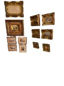 Gilt framed plaque, collection of gilt framed furnishing prints, four topographical engravings, etc.