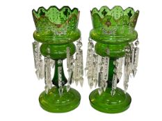 Pair of green Victorian lustres.