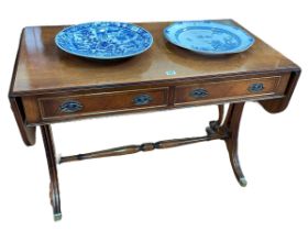 Mahogany, yew crossbanded and ebony line inlaid two drawer sofa table,