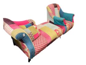Contemporary chaise longue and matching chair in patchwork fabric.