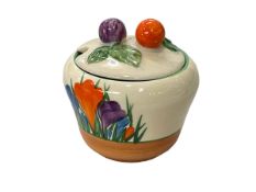 Clarice Cliff Crocus pattern preserve and cover, shape 230, 7cm.