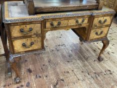 Burr walnut five drawer writing desk on ball and claw legs, 78cm by 123cm by 61cm.