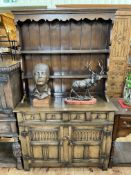 Titchmarsh & Goodwin carved oak shelf back dresser, 180cm by 107cm by 44cm.