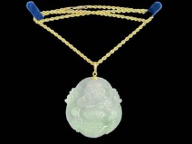Buddha jade pendant with 9k gold rope twist necklace, pendant 5.5cm across.