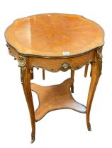 French brass mounted circular shaped topped occasional table with inverted shaped undershelf,
