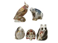 Five Royal Crown Derby paperweights including limited edition Cockatoo.
