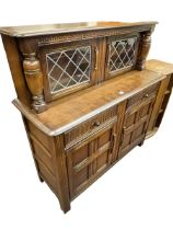 Oak priory style buffet sideboard, 126cm by 122cm by 46cm.