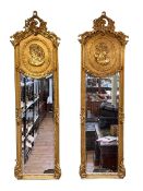Pair rectangular gilt framed lady portrait bevelled wall mirrors, 176cm by 53cm.