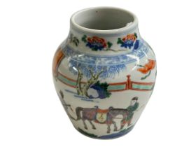 Chinese famille verte vase with continuous decoration of figures and horse, 14cm.