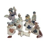 Lladro clown and Chinese girl with fans, set of four Nao Aces figures, two Nao and Nadal figure (9).