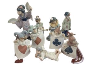 Lladro clown and Chinese girl with fans, set of four Nao Aces figures, two Nao and Nadal figure (9).