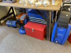 Two Clarke tool boxes, pressure washer, two patio cleaners, cylindrical heater.