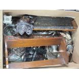 Box of silver plated wares, oak book shelf, carved tribal wall plaques, etc.