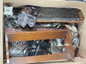 Box of silver plated wares, oak book shelf, carved tribal wall plaques, etc.