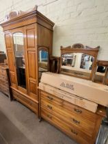 Victorian satin walnut mirror door wardrobe and triple mirror dressing table.