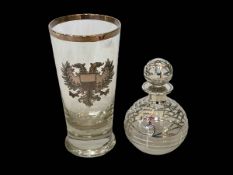 Silver overlay scent bottle and a beaker with silver Russian coat of arms (2).
