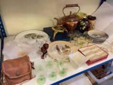 Bruce Bairnsfather plates, copper kettle, brass trivet, plates, glass, etc.