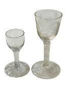 18th Century wine glass with folded foot, 11.5cm, and etched cotton twist stem glass (2).