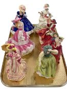 Seven Royal Doulton lady figures including Springtime and Rose.
