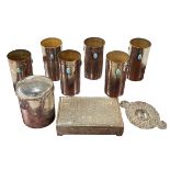 Set of six metal beakers, two boxes and tea strainer.