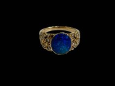 Blue opal and fancy diamond set 9 carat gold ring, size V.