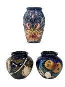 Three small Moorcroft Pottery vases, Butterflies, Geneva by Philip Gibson and Honeymoon, largest 10.