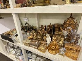 Collection of gilt coloured wares including wall sconces, photograph frames, trinket boxes,