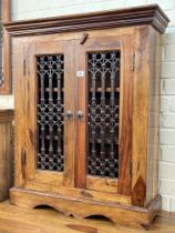 Indian style hardwood and pierced metal decorated two door cabinet, pedestal cabinet, wine rack,