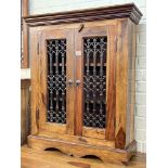 Indian style hardwood and pierced metal decorated two door cabinet, pedestal cabinet, wine rack,