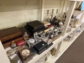 Collection of silver plated wares including cased cutlery, lighters, cellars, candlesticks, teapots,