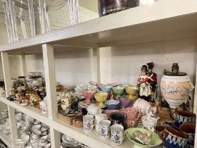 Collection of decorative porcelain, oil lamp, breweriana memorabilia, figurines, part tea wares.