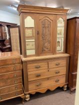 Victorian stripped walnut carved and mirror panelled top press, 208cm by 116cm by 47cm.