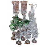 Good tray of glass including pair of candle lights, three decanters, ewer,